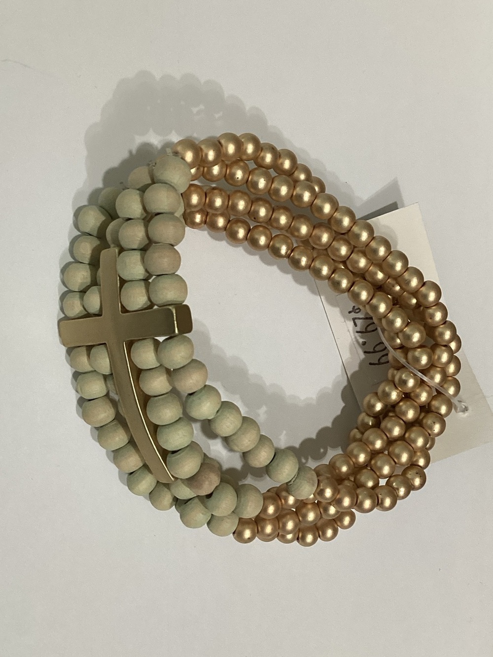 Plunder Sage Green and Champagne Multi-Strand Cross Bracelet